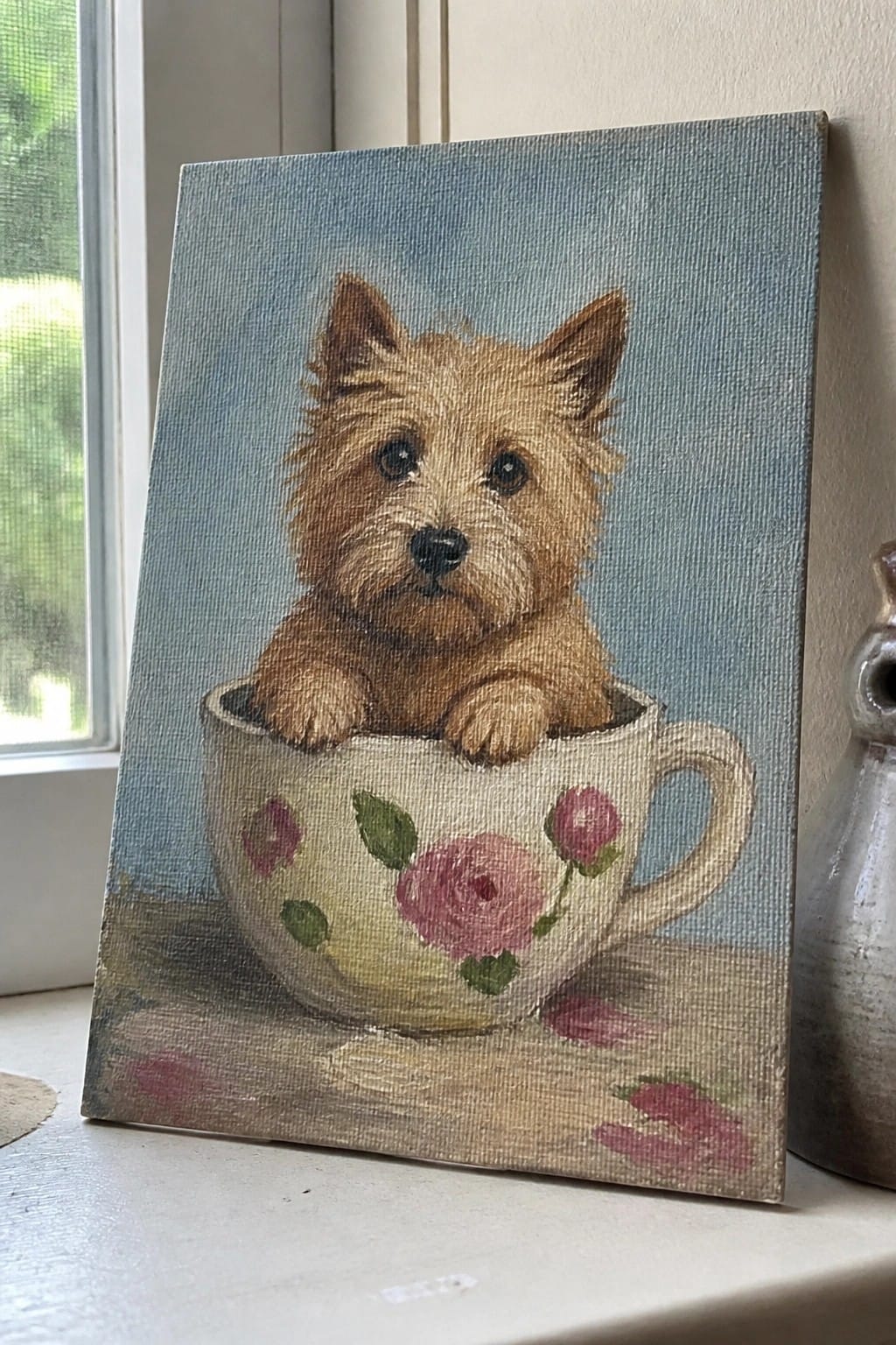 Small brown dog peeking from floral teacup in blue-toned canvas painting on windowsill.