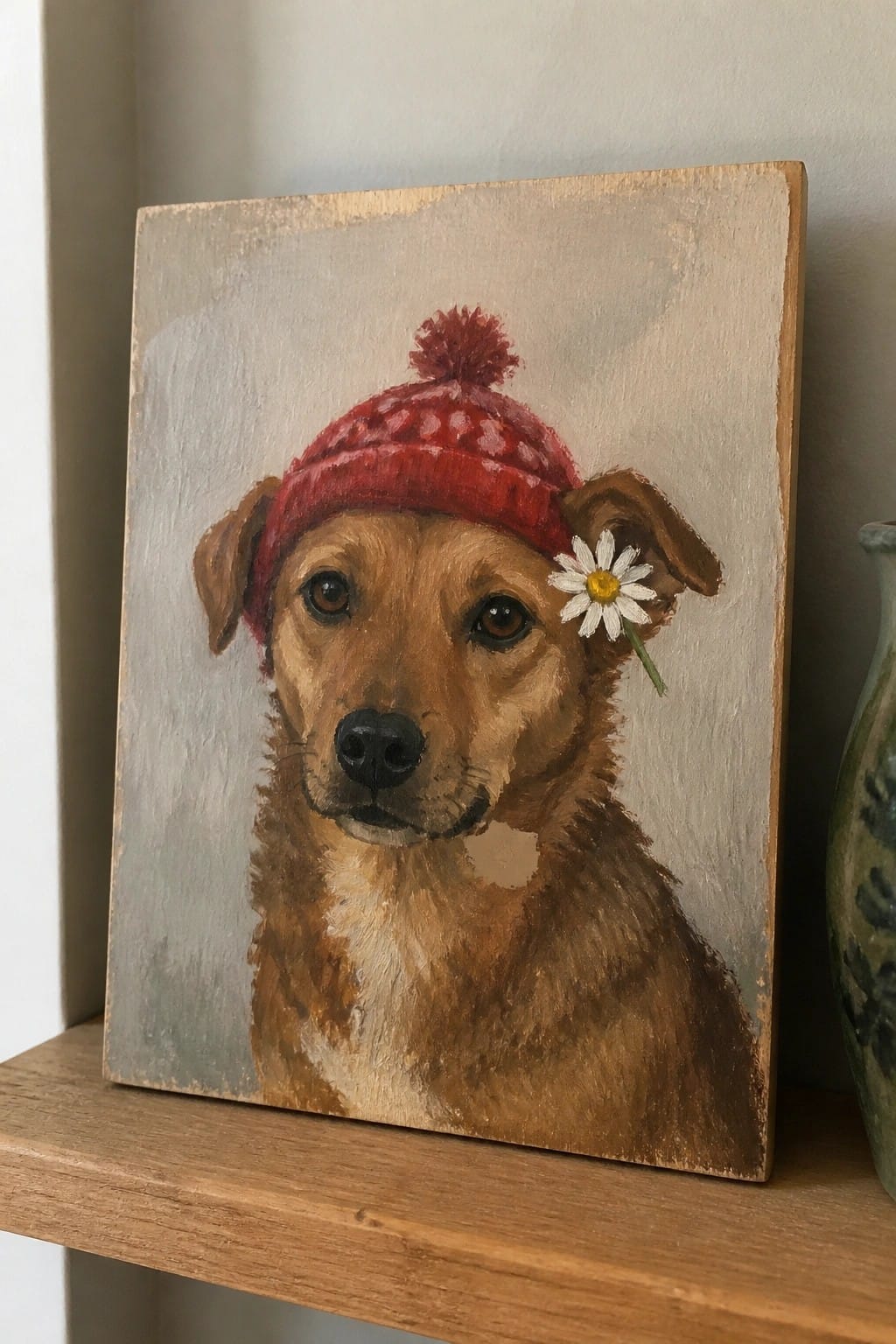 Brown dog wearing red patterned pom-pom hat with white daisy by its ear on wood