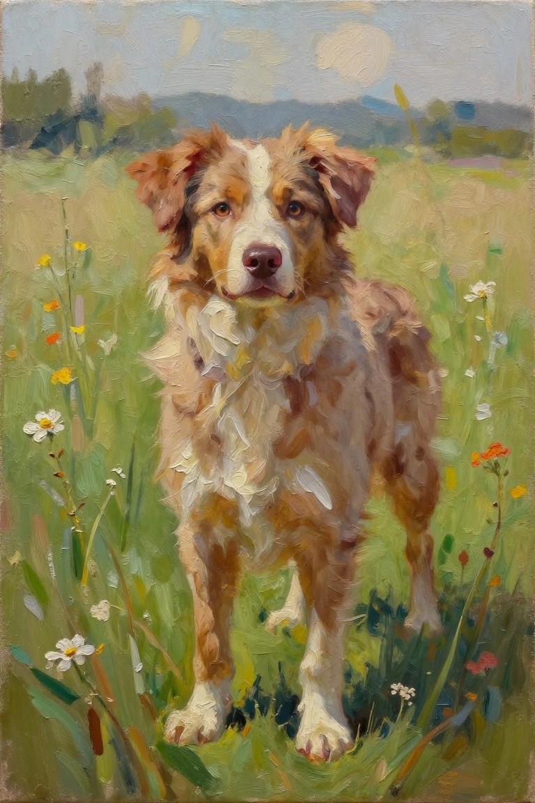 Brown and white dog stands in flower-filled meadow with visible oil brushstrokes.