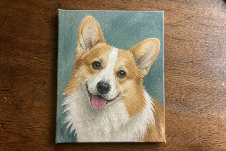 Realistic painting of a corgi with white and tan fur smiling on teal canvas