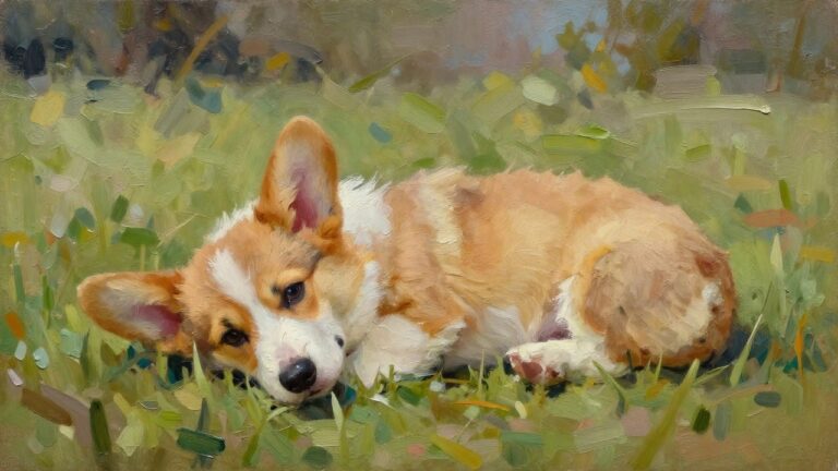 A realistic oil painting of a corgi puppy lying in green grass looking toward the viewer with ears raised.