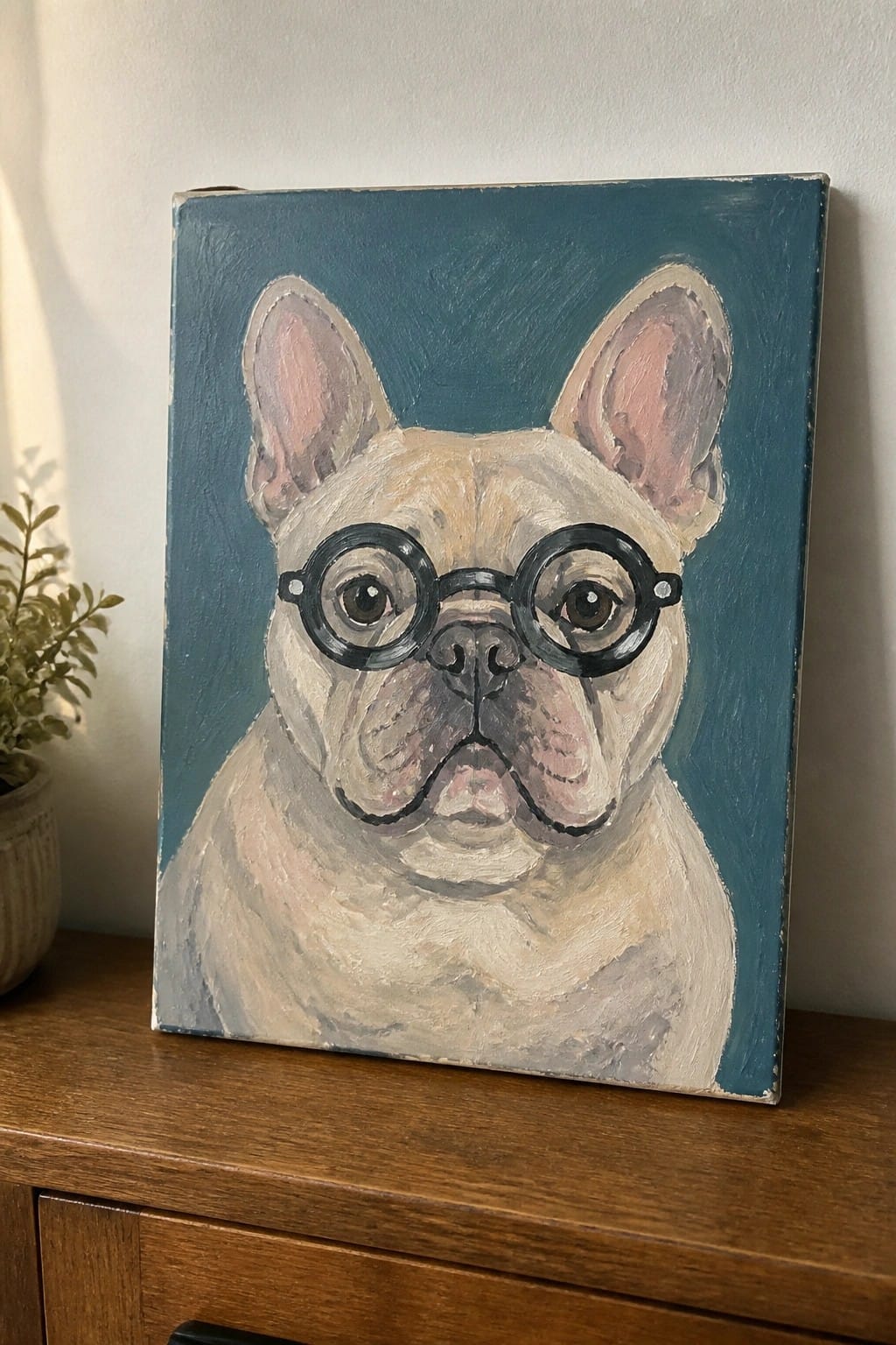 Painting of French bulldog with round black glasses on teal canvas background