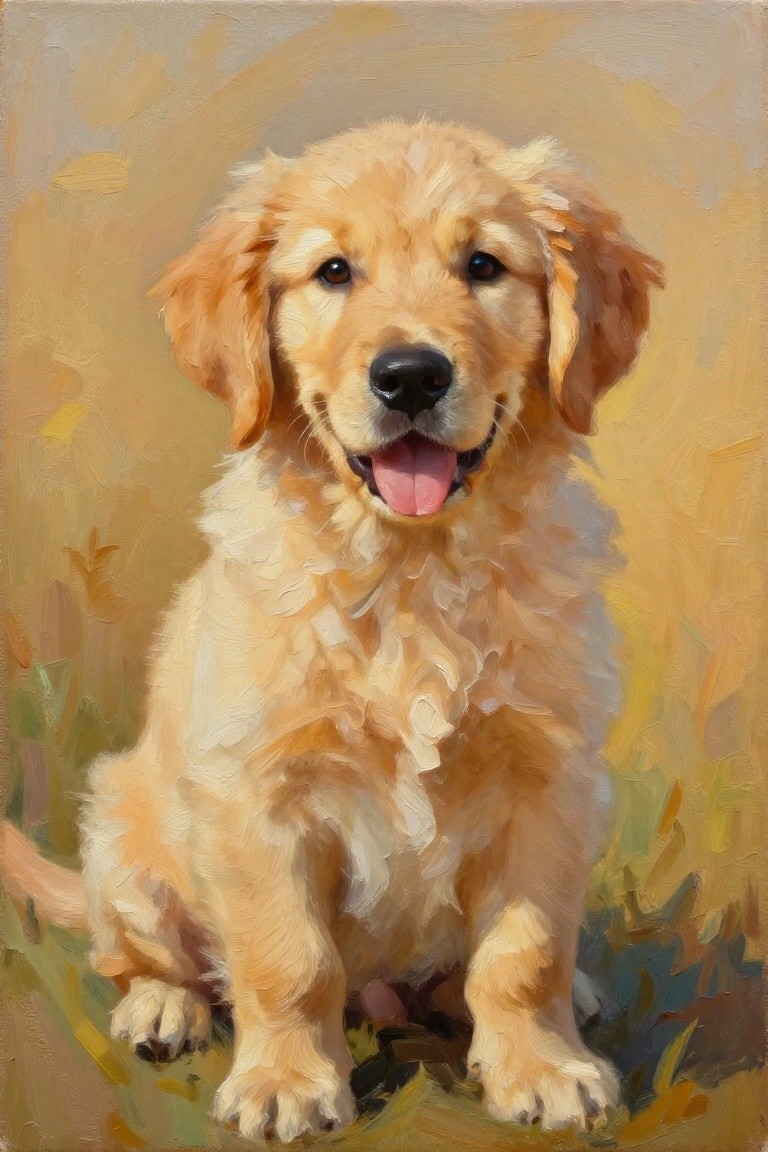 Golden retriever puppy sitting with tongue out in warm oil painting style