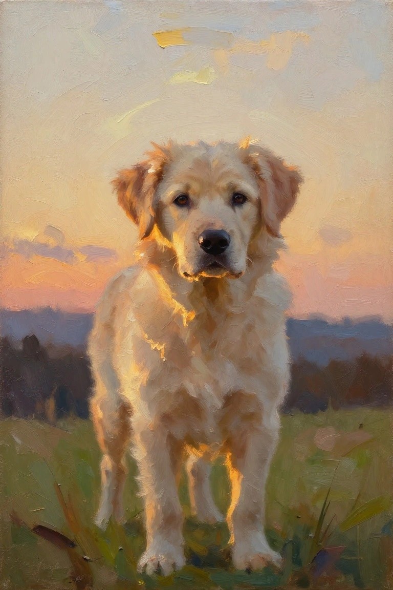 Golden retriever puppy stands in grassy field under warm golden sunset light