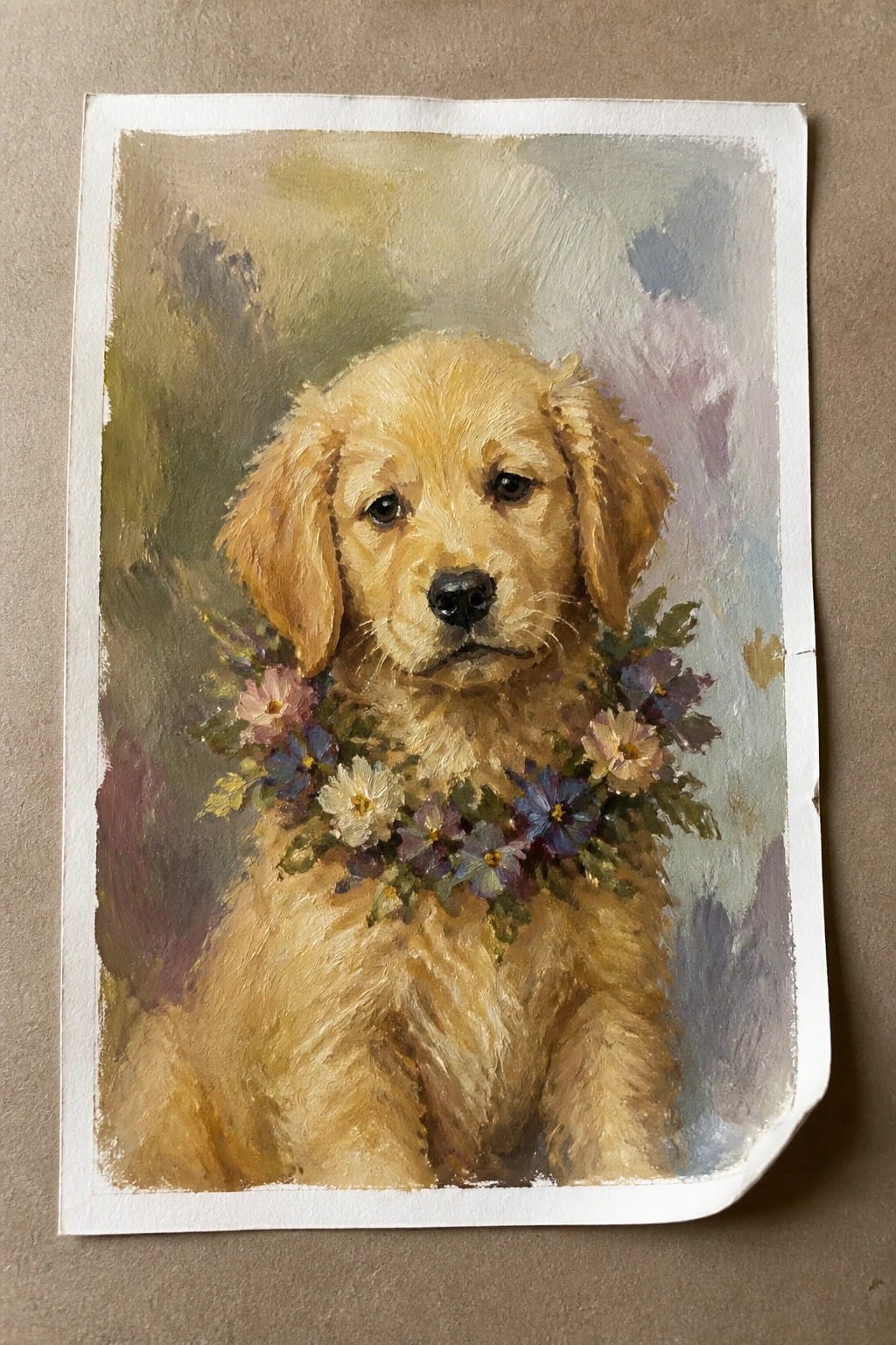 A realistic oil painting of a golden retriever puppy with a wreath of pink, blue, and white flowers around its neck against a soft blended background.