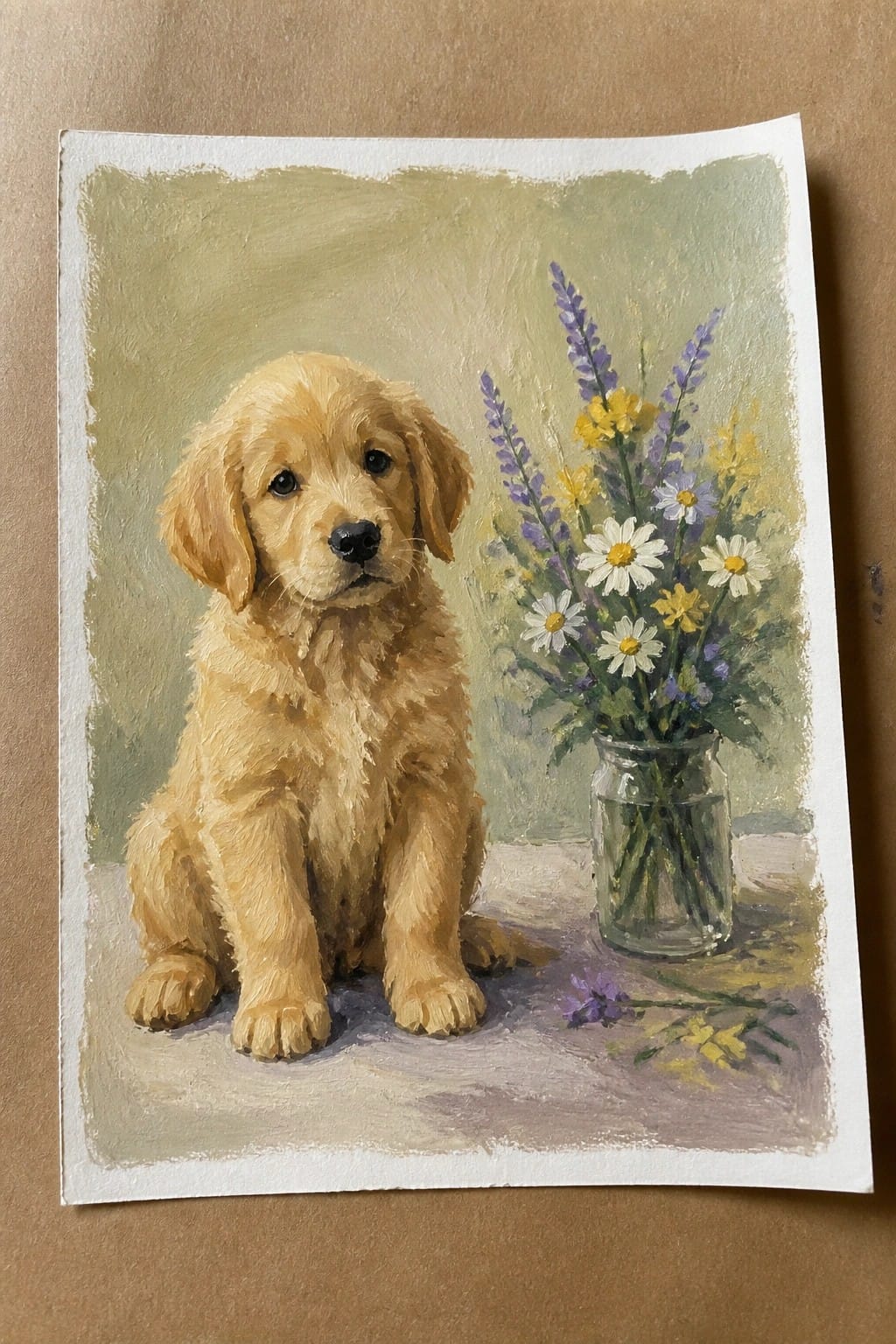 A golden retriever puppy sits next to a glass jar filled with daisies, lavender, and other wildflowers on a neutral background.