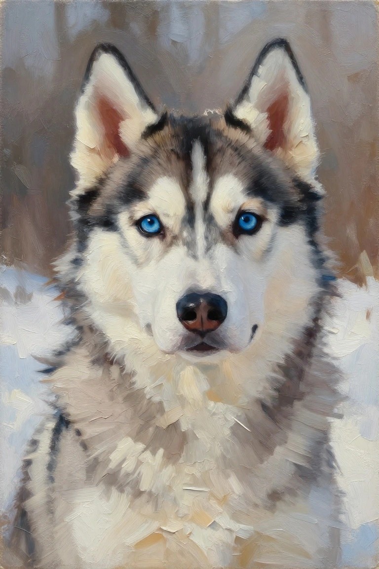 Textured oil painting of a blue-eyed husky with thick fur and perky ears