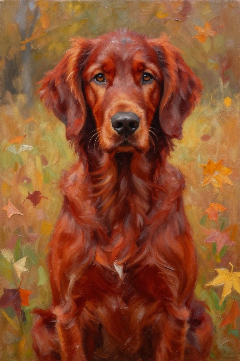 A realistic oil painting of a red Irish Setter dog sitting facing forward with an autumn foliage background.