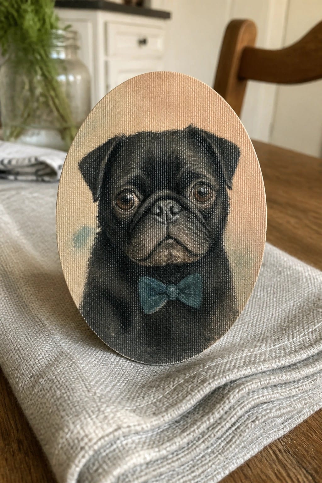 Oval painting of black pug with teal bow tie on gray cloth
