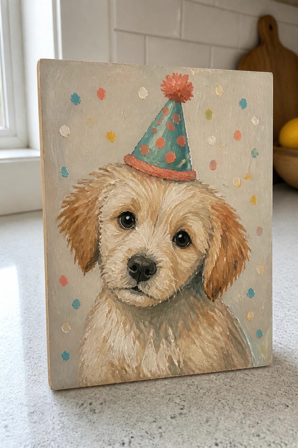 Oil painting of a light-colored dog wearing a teal party hat with orange dots, set against a pale background with scattered colorful polka dots.