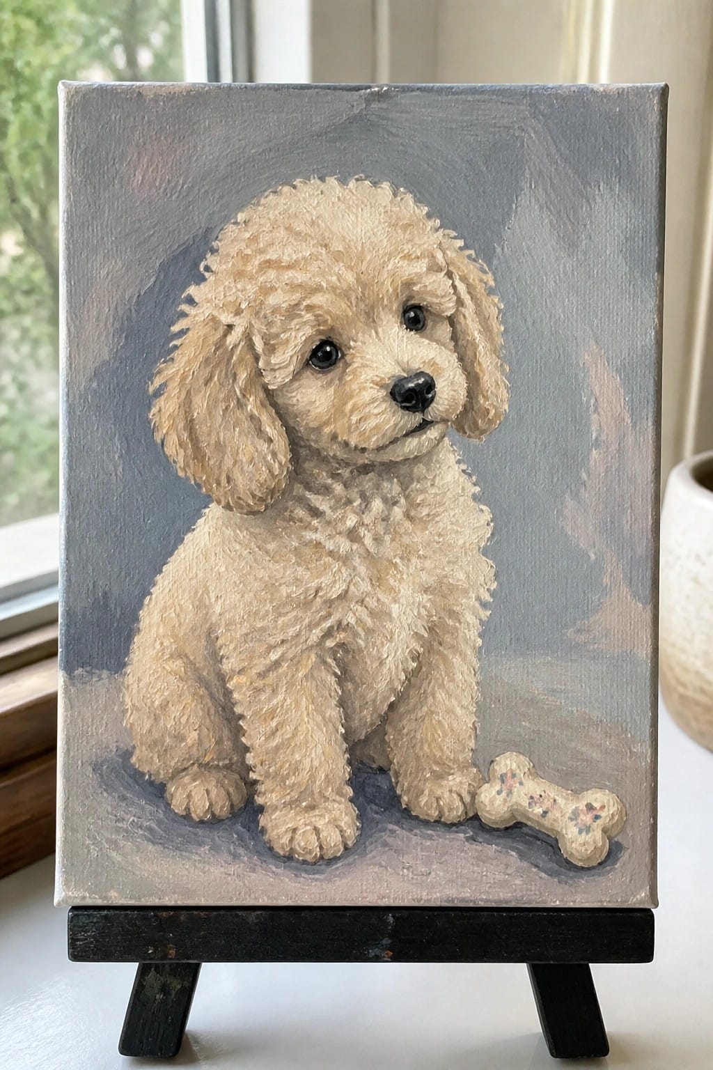 Painting of fluffy tan puppy beside floral bone on gray canvas easel