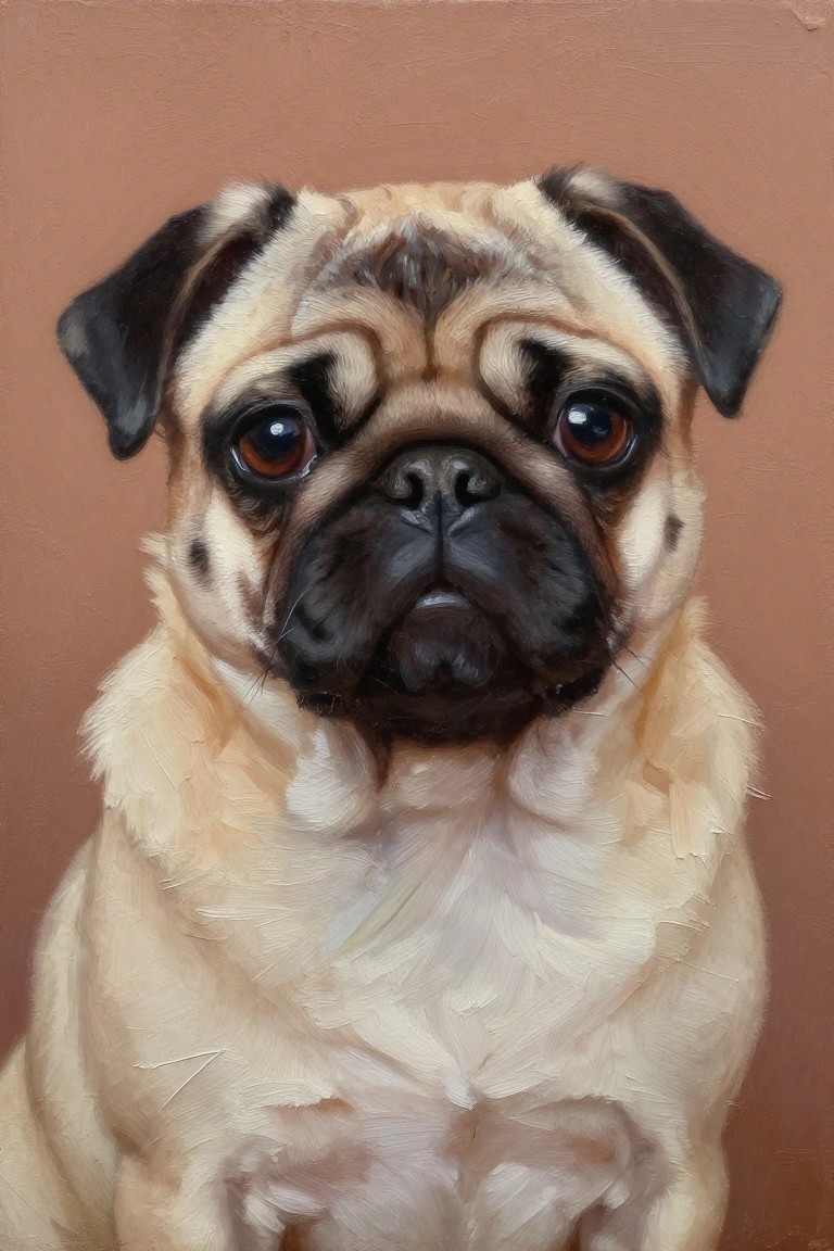 A realistic oil painting of a pug dog's face with black and tan fur, large brown eyes, and a neutral brown background.