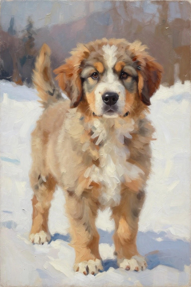Fluffy brown and white puppy standing in snow, textured oil painting.