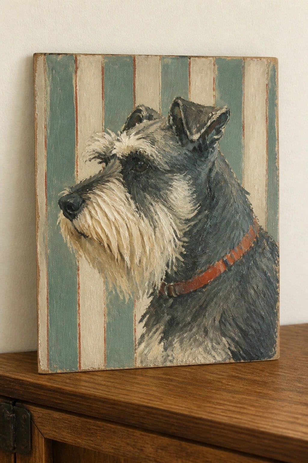 Oil painting of Schnauzer with red collar on green striped background
