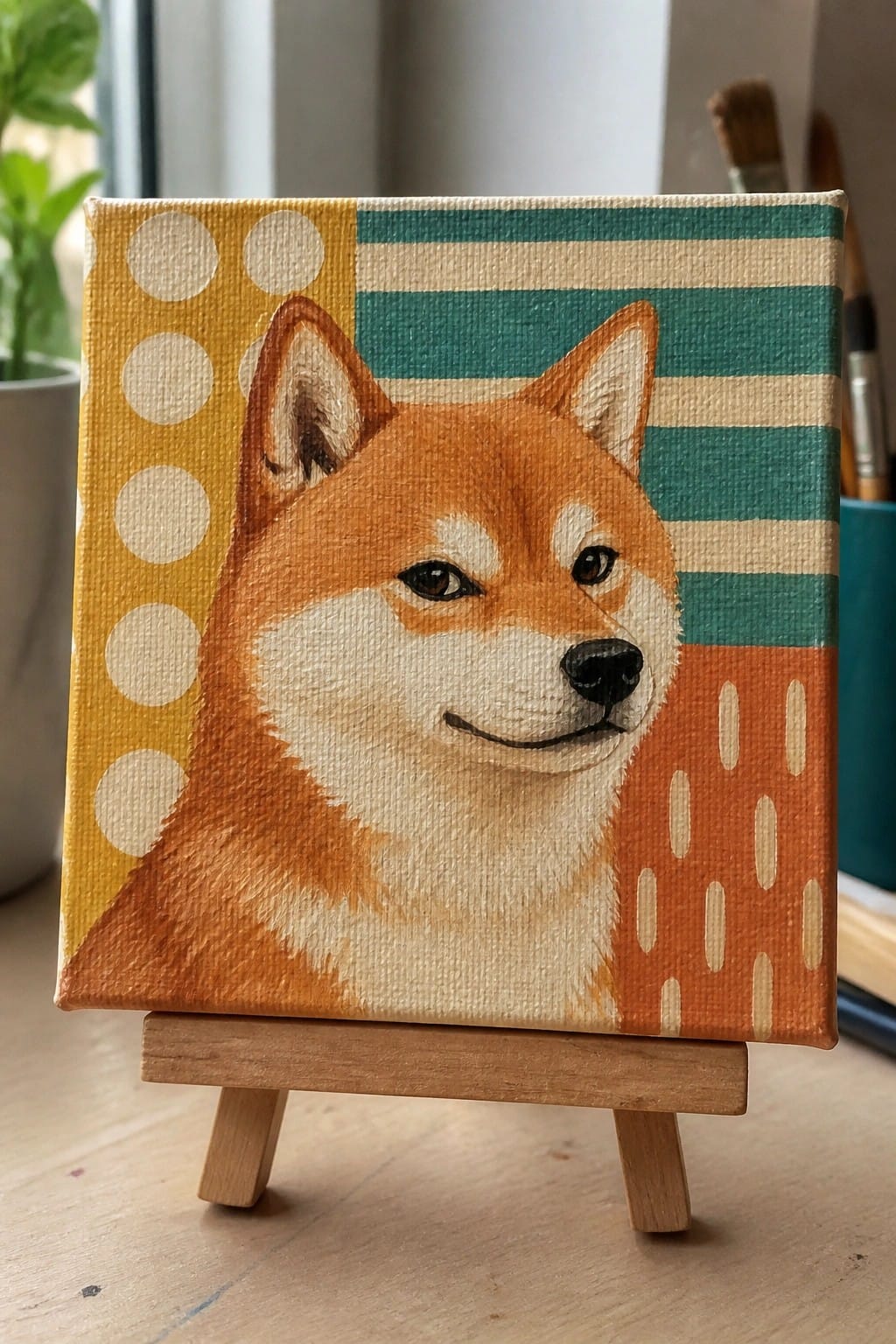 Shiba Inu dog face painted on small canvas with colorful patterns on wooden easel