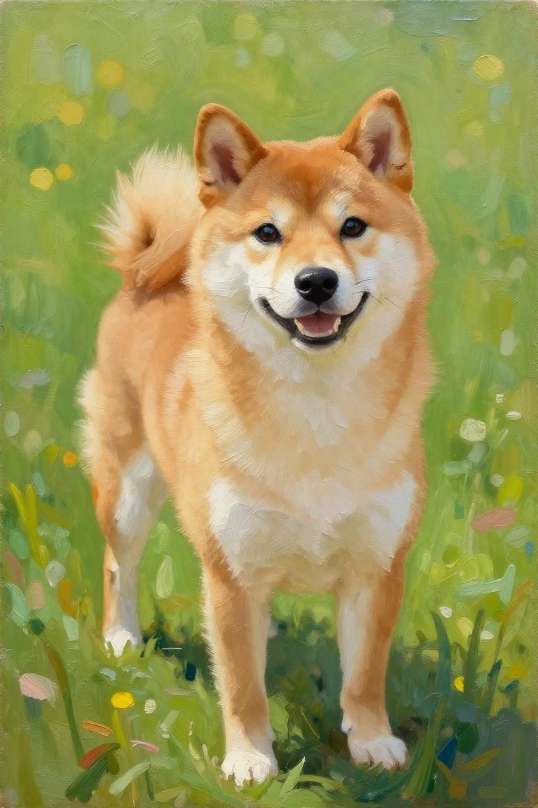 Smiling orange Shiba Inu stands in a green wildflower meadow, oil painting style.
