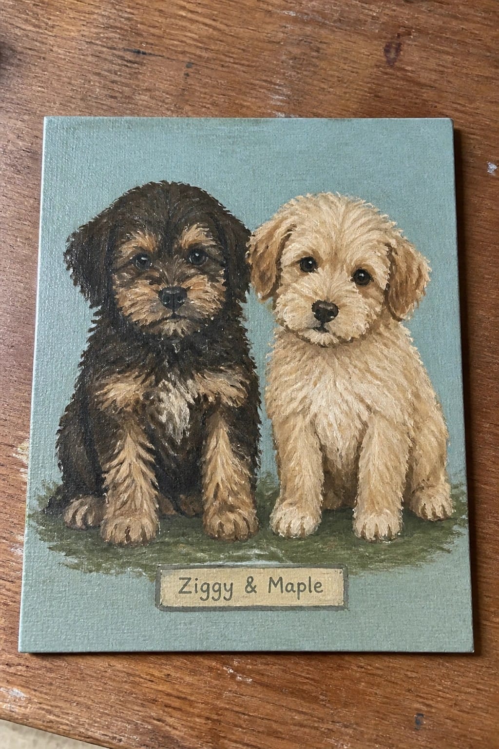 Painting of dark brown and light tan puppies on teal canvas labeled Ziggy & Maple.