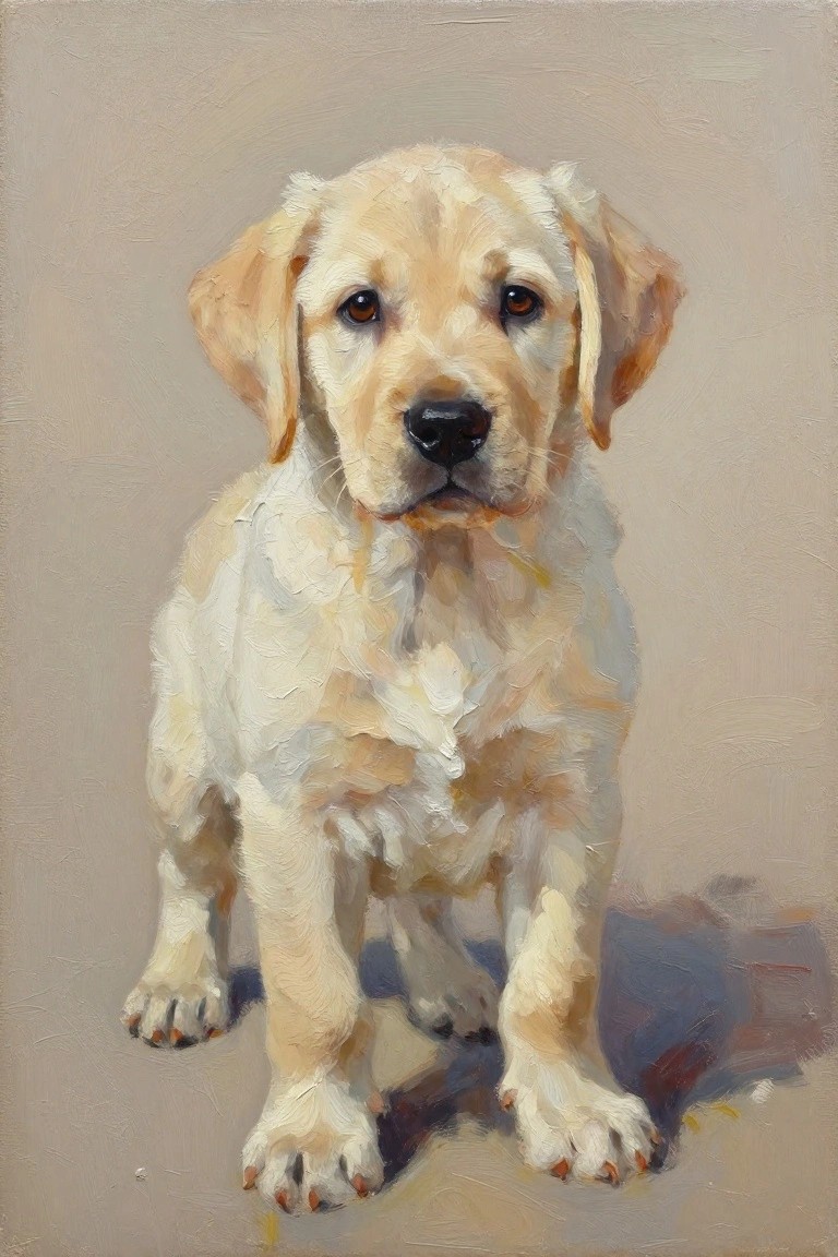 A realistic oil painting of a yellow Labrador puppy sitting upright and facing forward on a plain light background.