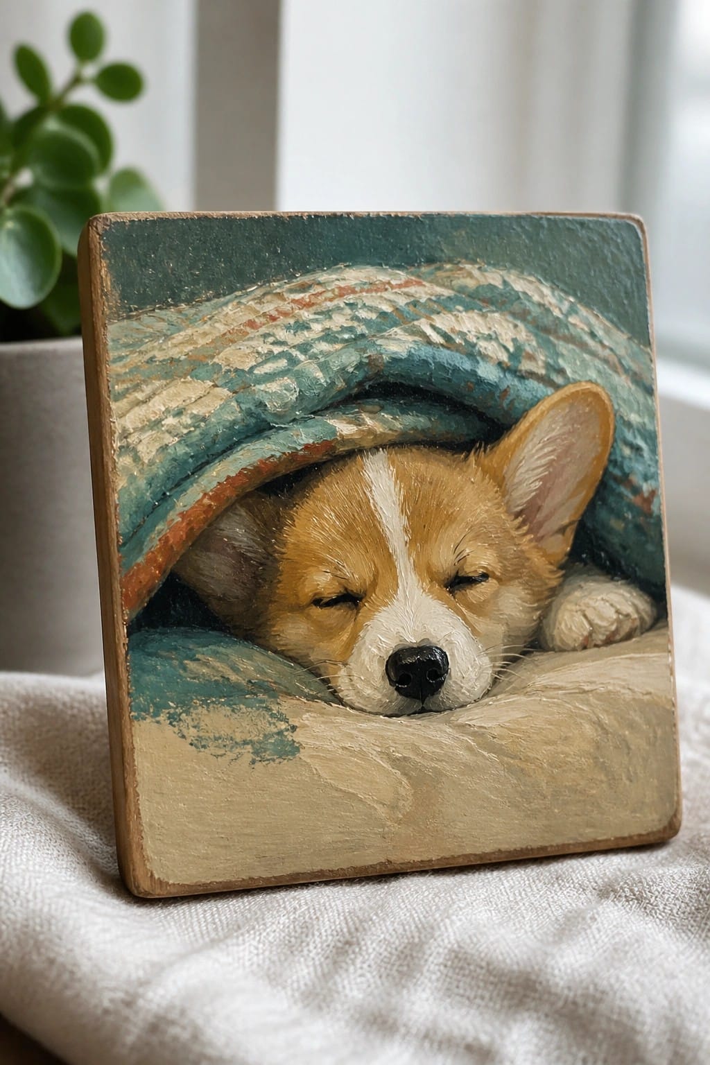 Sleeping corgi puppy under teal striped blanket in textured wood panel painting