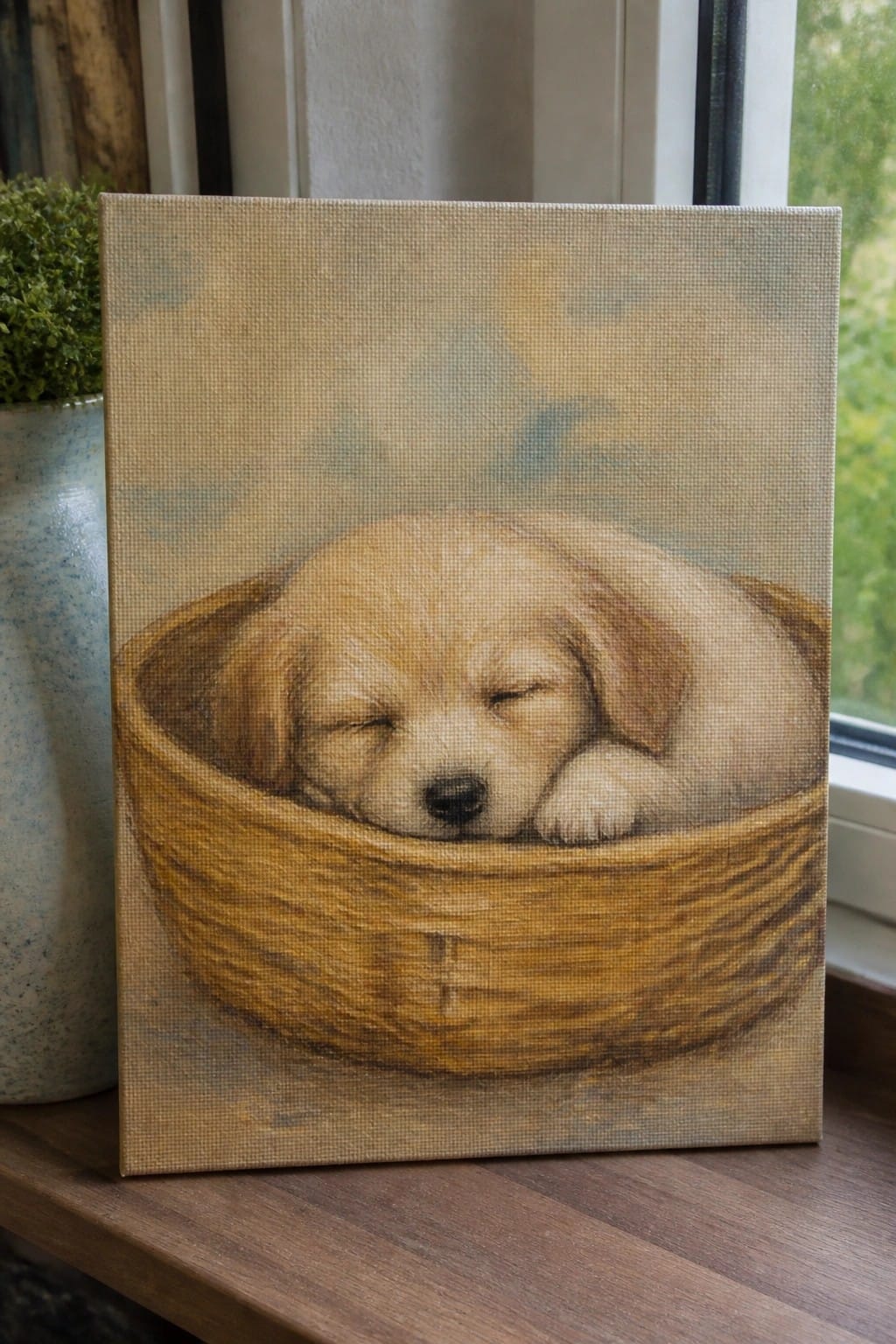 A realistic oil painting shows a light brown puppy sleeping inside a round wooden basket on canvas.
