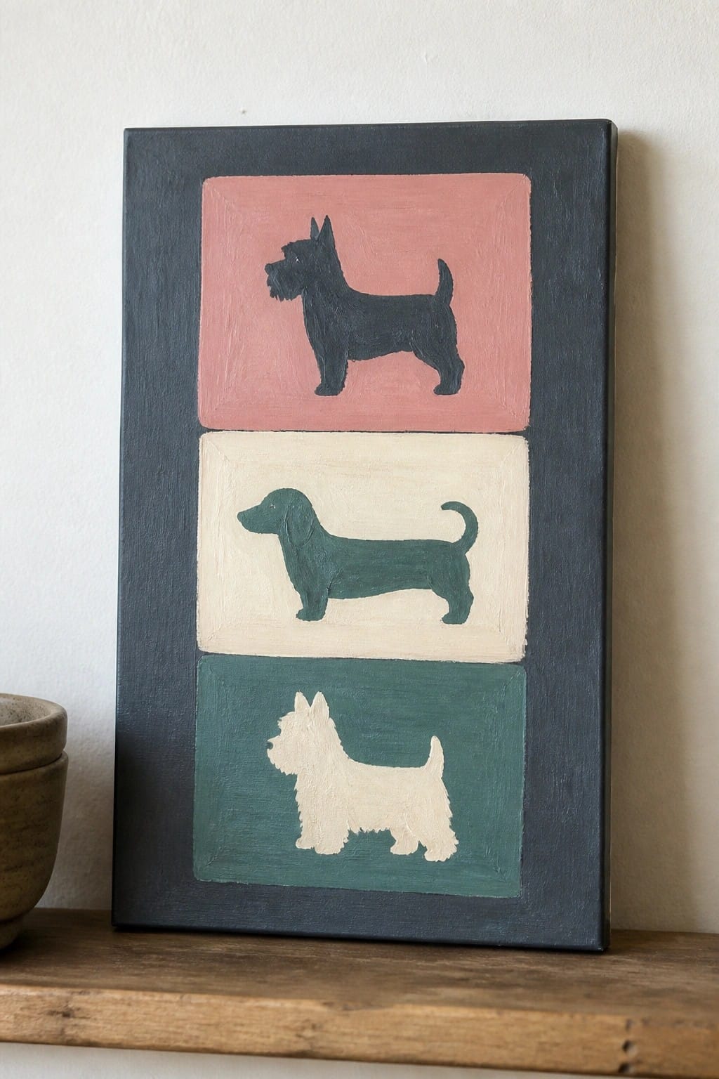Three dog silhouettes stacked vertically on a dark canvas, each inside its own colored rectangle.