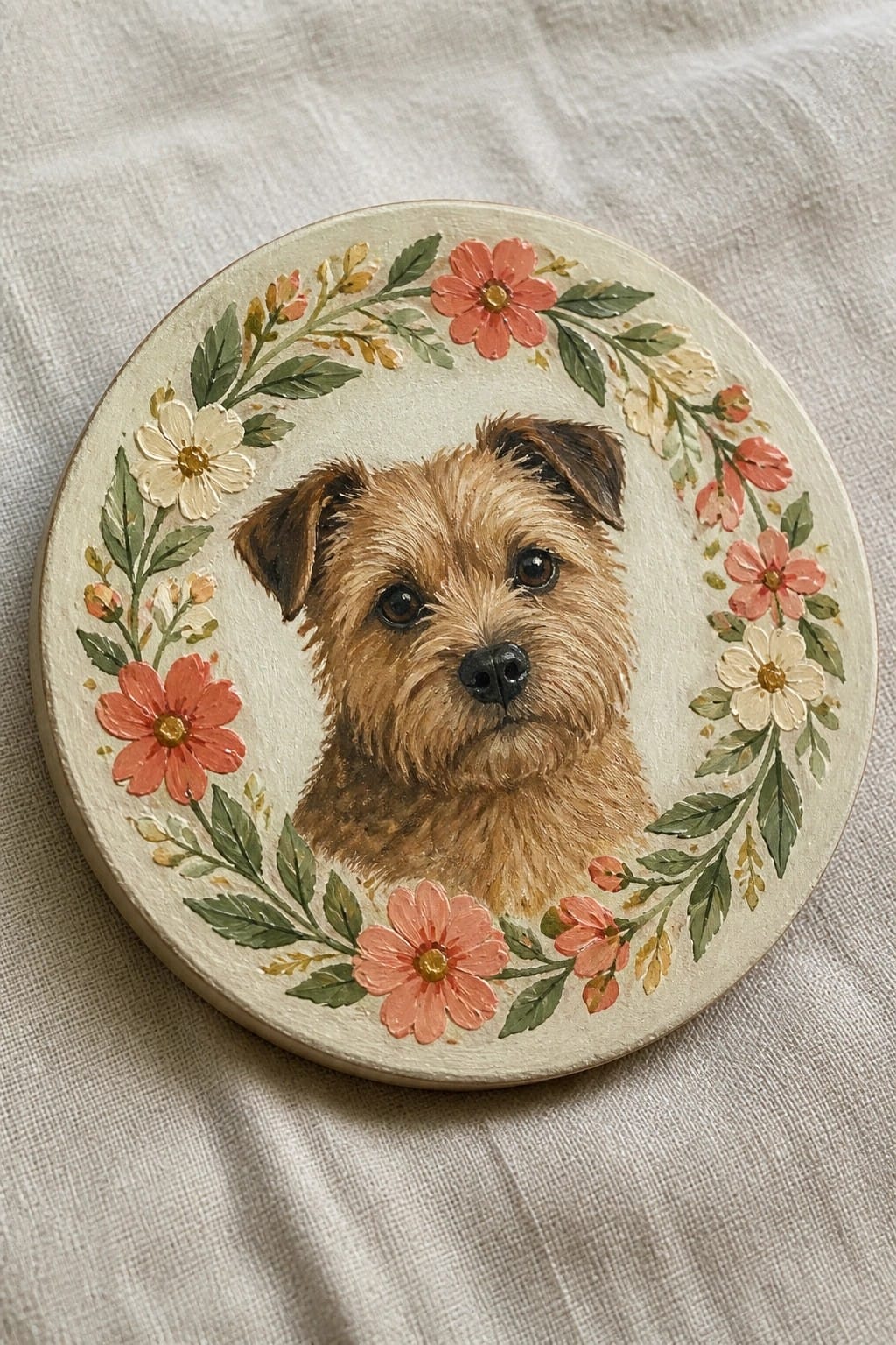 Shaggy brown terrier face encircled by pink and white floral wreath on round canvas.