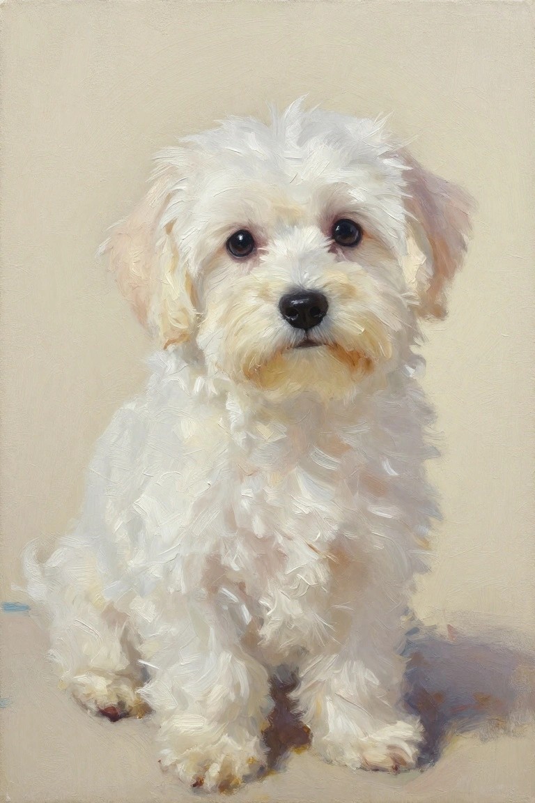 Fluffy white dog sitting with dark eyes on a beige background in oil paint