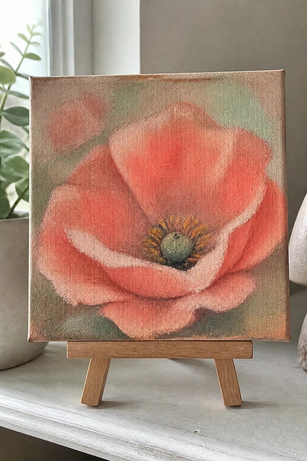 Coral flower painting on square canvas atop small wooden easel