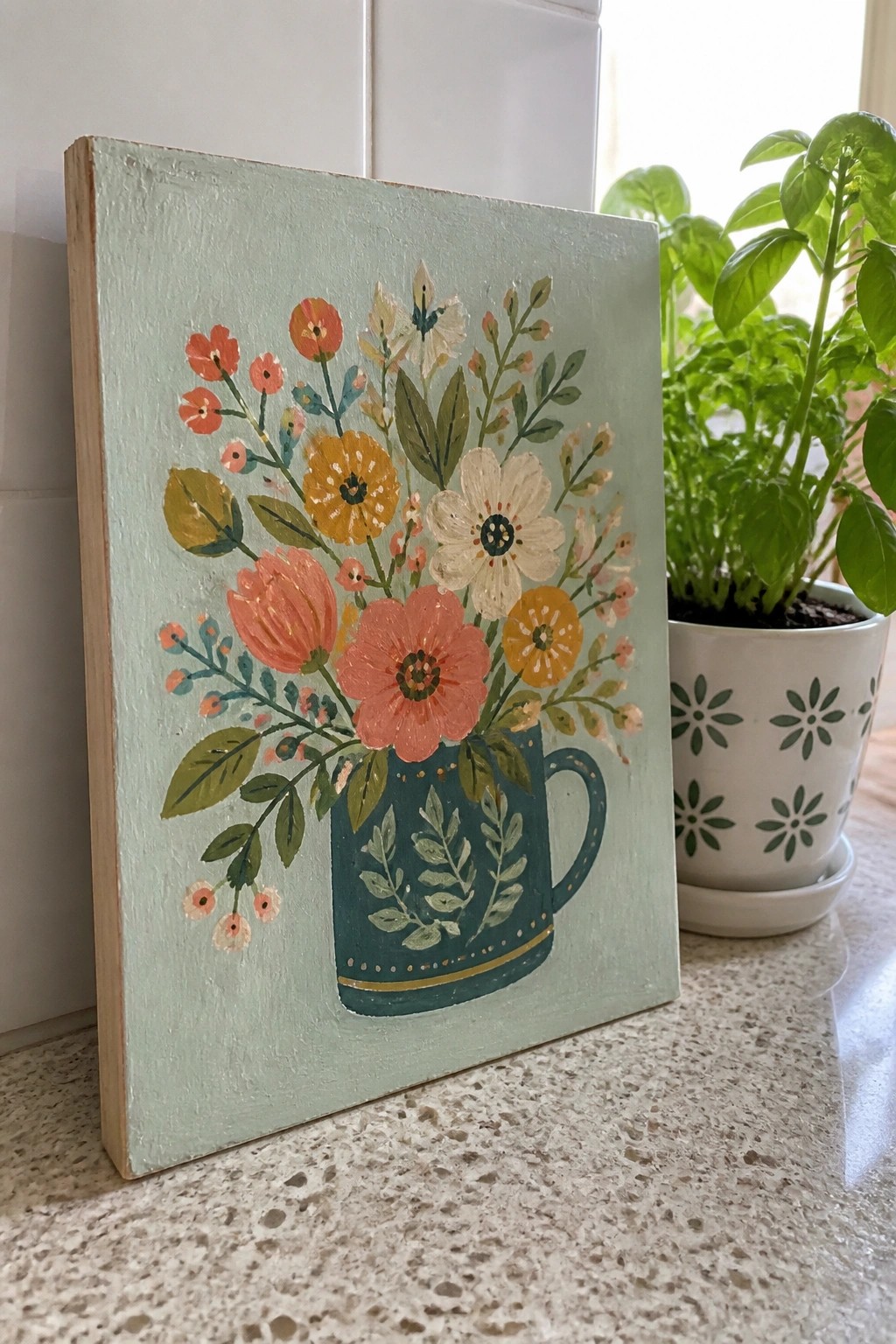 Colorful floral painting in teal mug on counter beside potted basil plant.