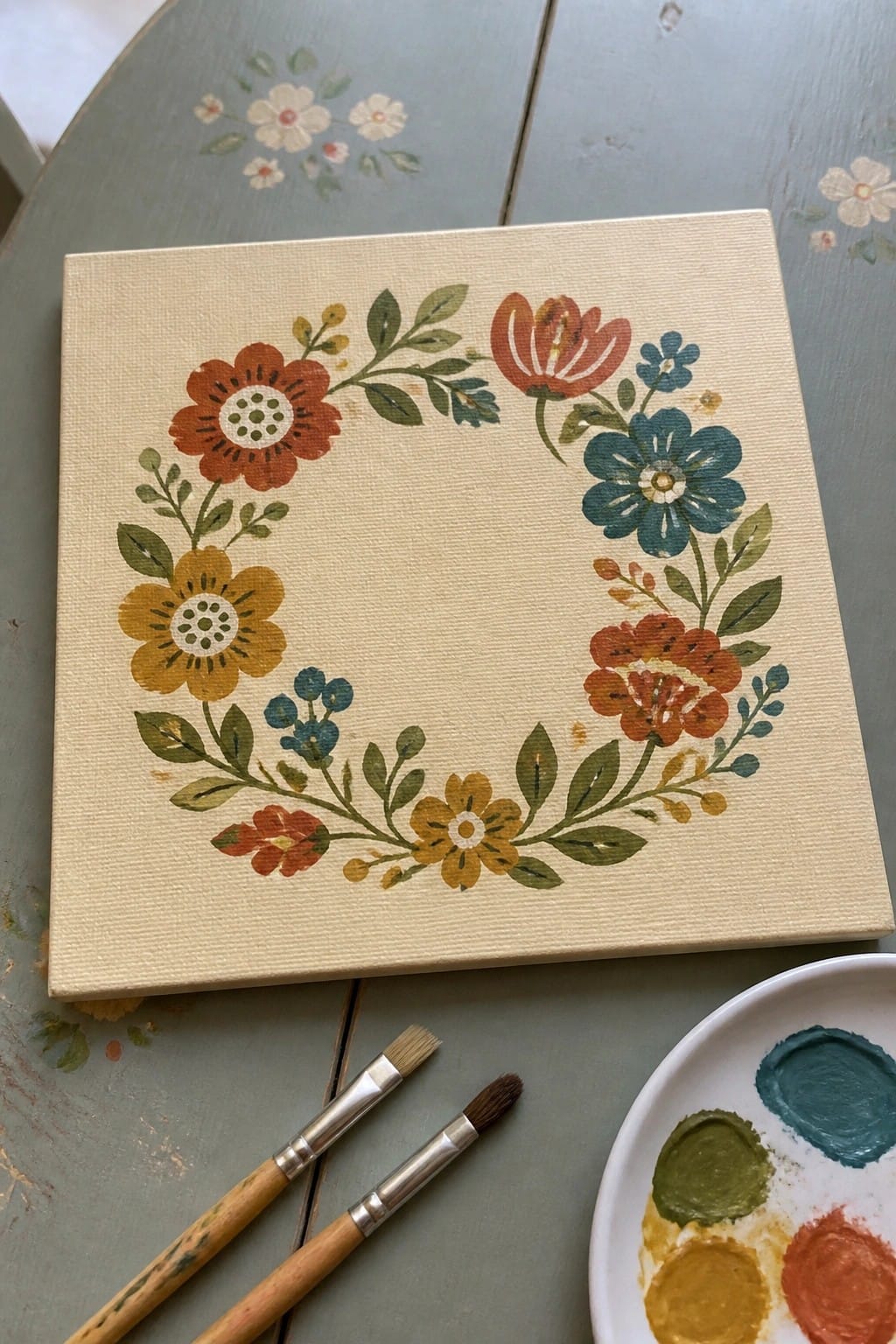 Floral wreath painting on canvas with brushes and palette on table.