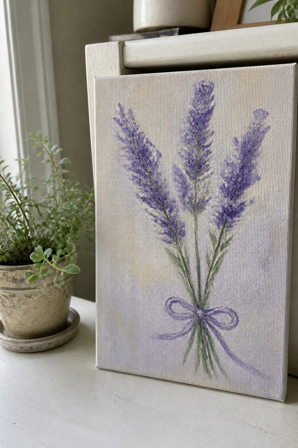Canvas painting of purple lavender bouquet tied with ribbon bow on white surface