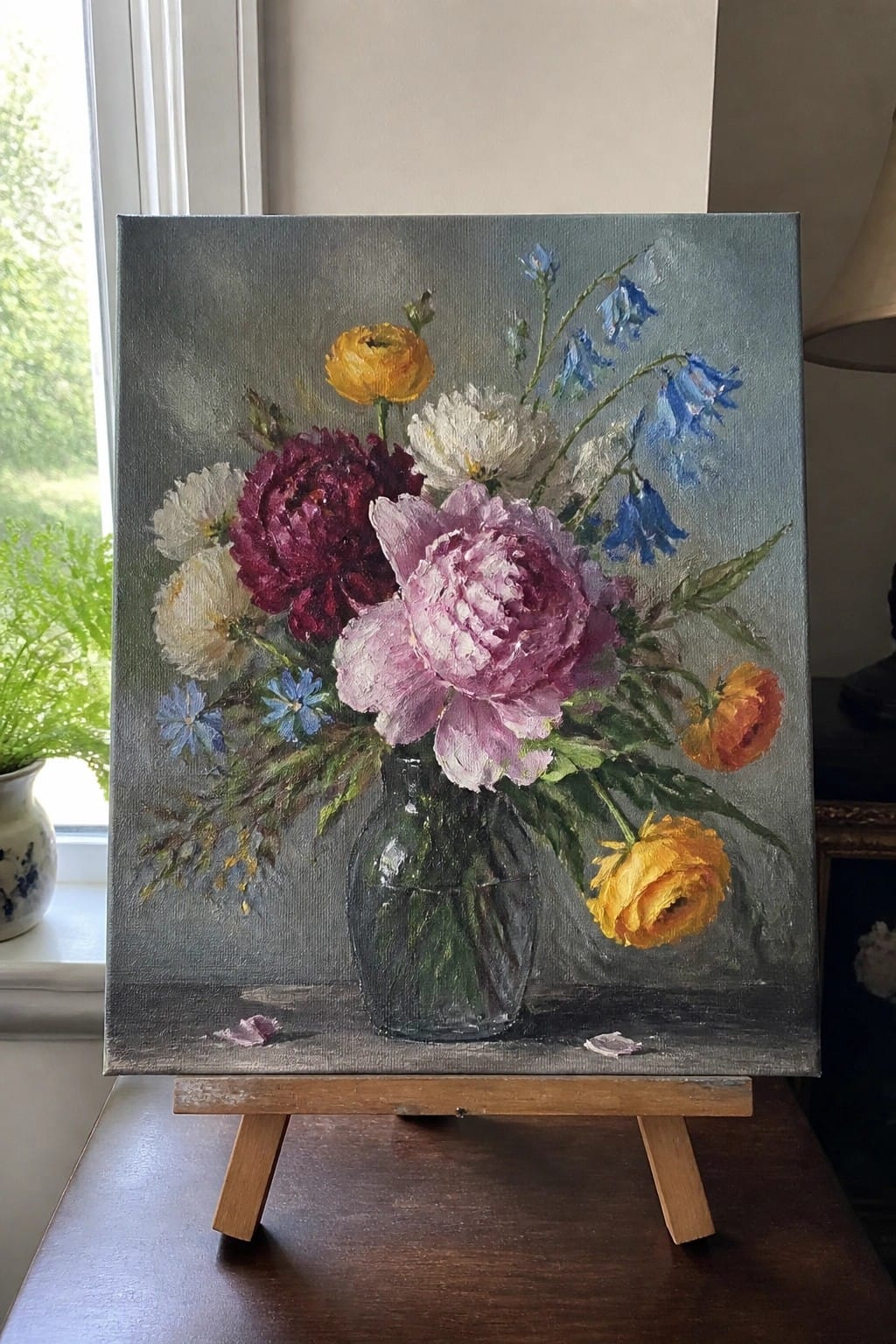 Colorful floral still life oil painting on canvas resting on wooden easel.