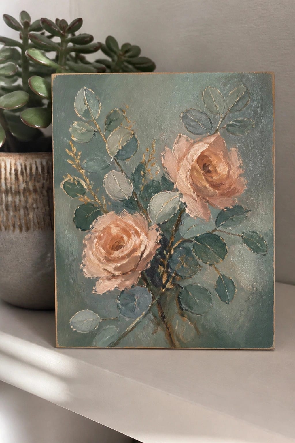 Peach rose painting with gold-accented green leaves on a teal background