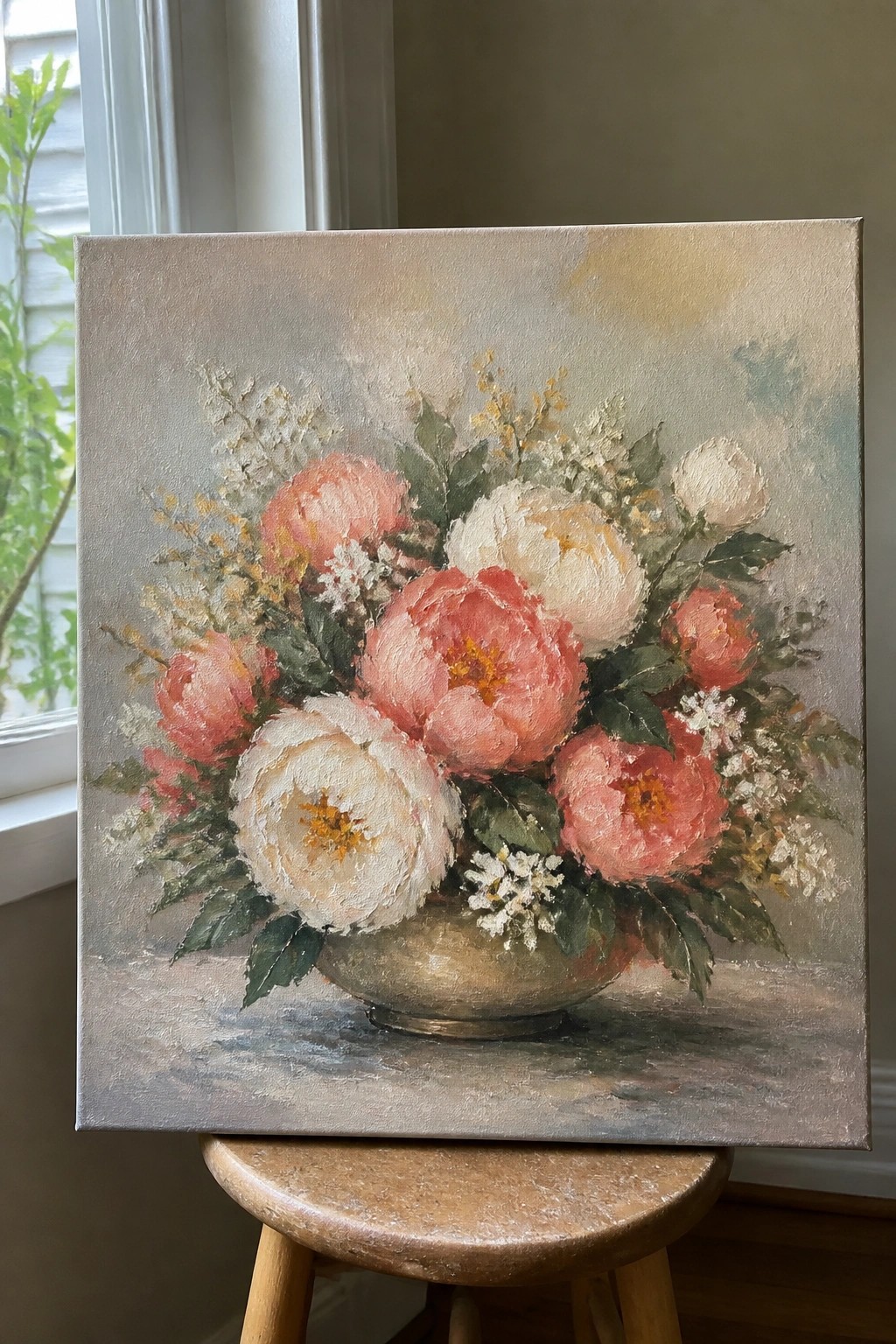 Oil painting of pink and white peonies in a bronze vase on wooden stool.
