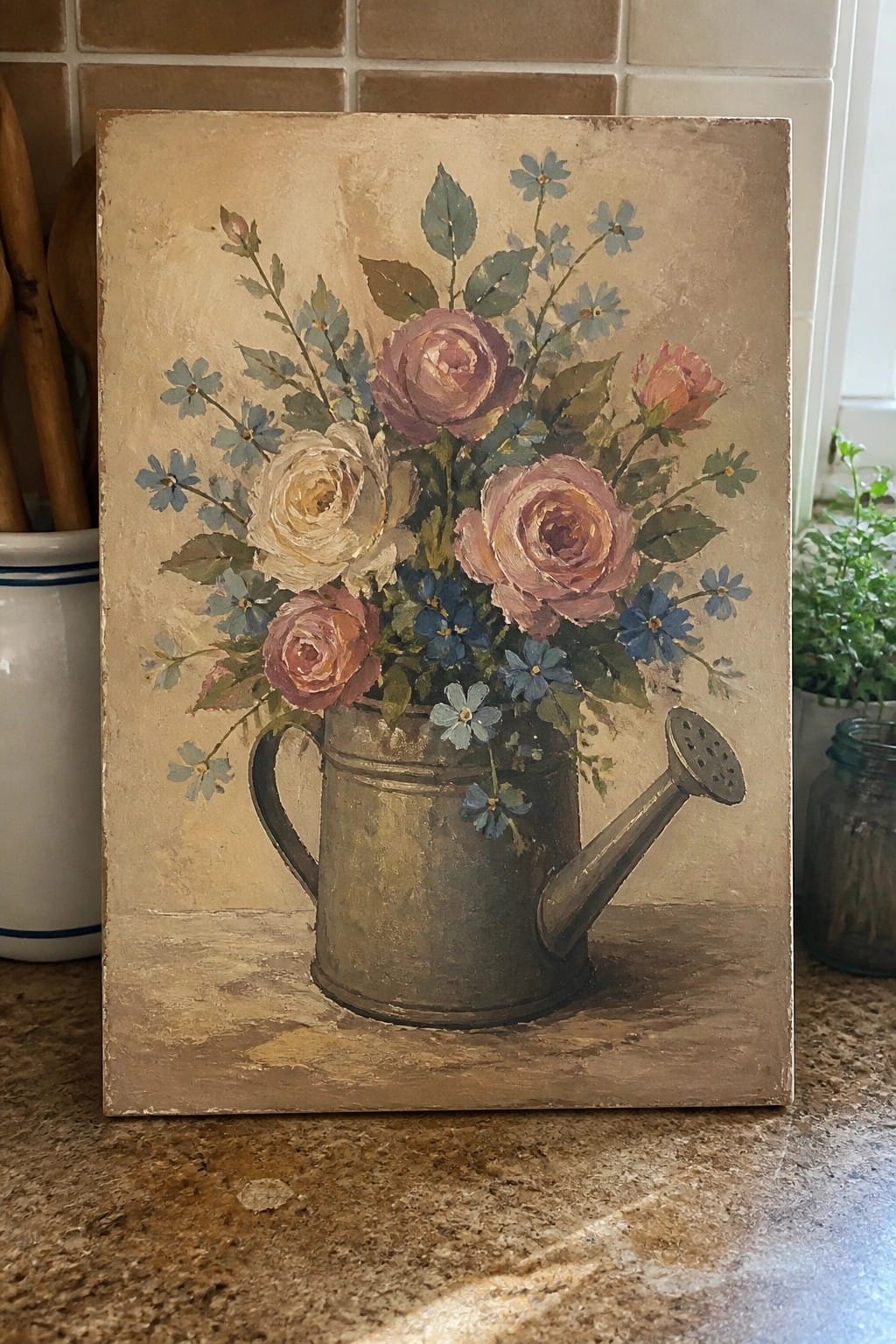 An oil painting of pink and white roses with blue flowers arranged in a metal watering can on a textured surface.
