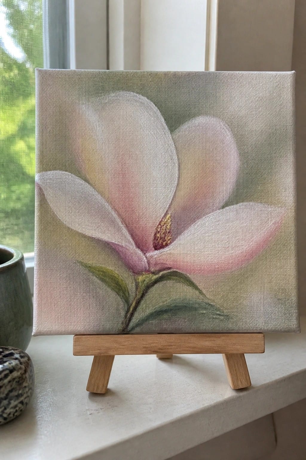 Small canvas painting of soft pink magnolia flower on wooden easel by window