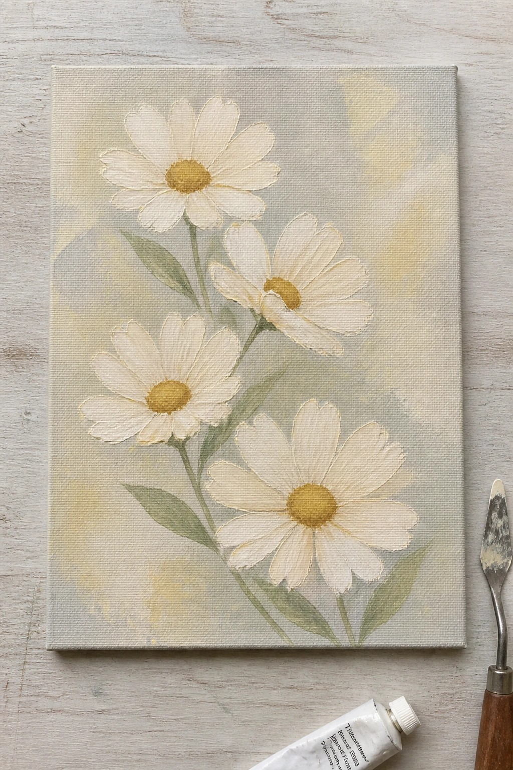 Canvas of white daisies with yellow centers beside palette knife and paint tube