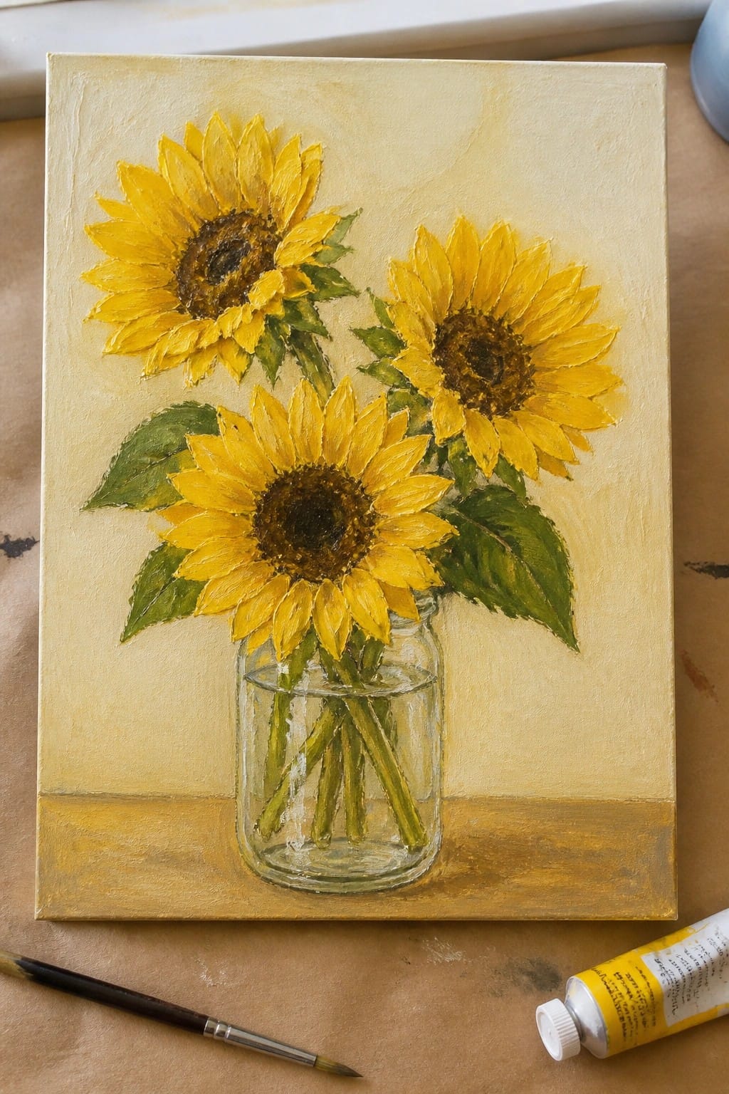 Three sunflowers in glass jar on yellow canvas beside paintbrush and paint tube.