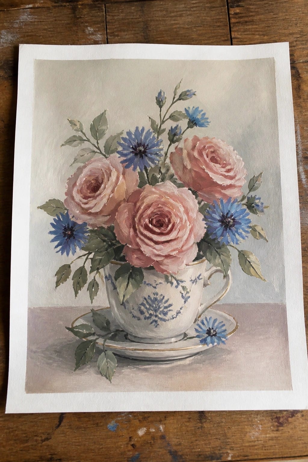 Watercolor of pink roses and blue cornflowers in a patterned teacup with saucer