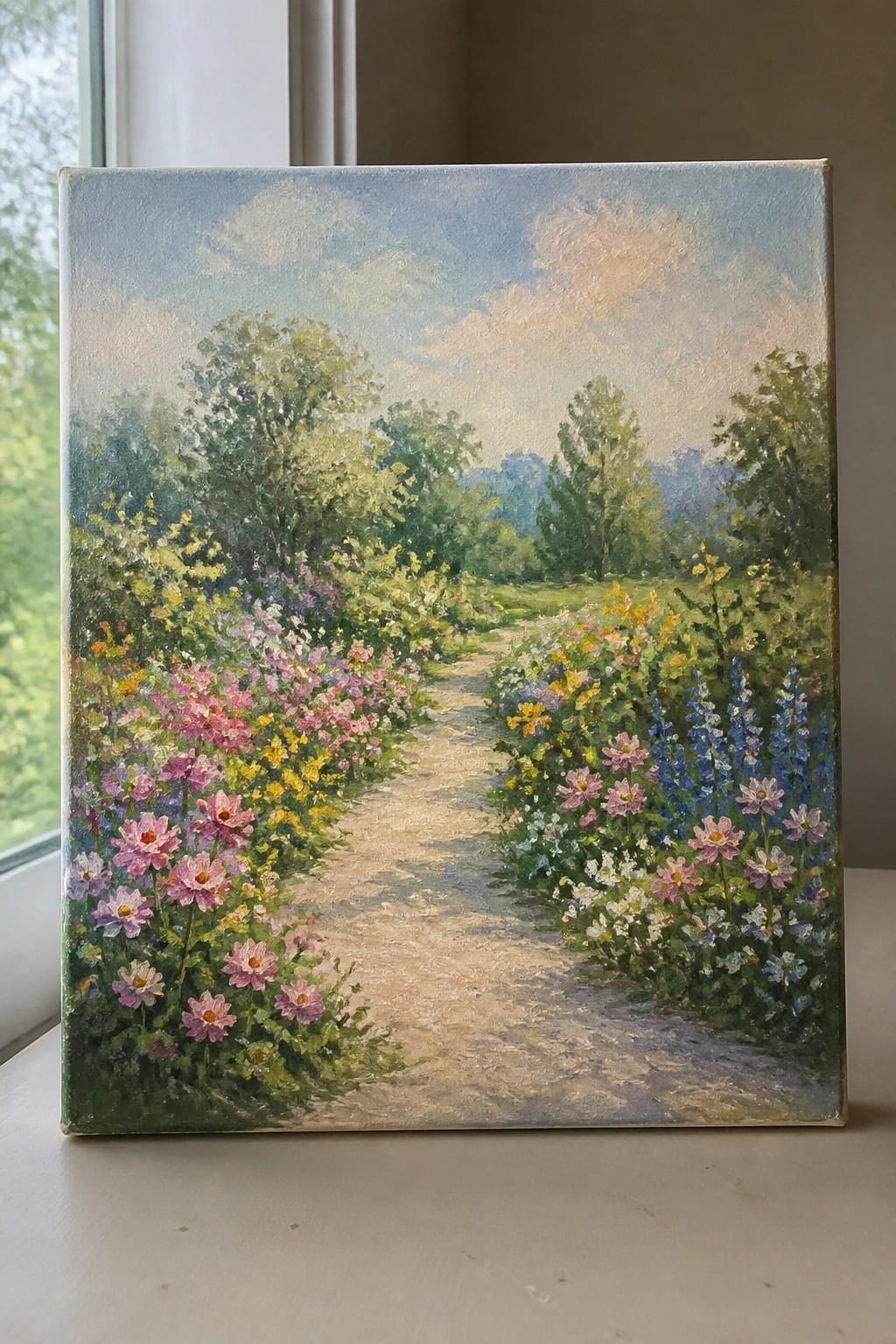 Oil painting of vibrant wildflowers lining a winding dirt path through a meadow.