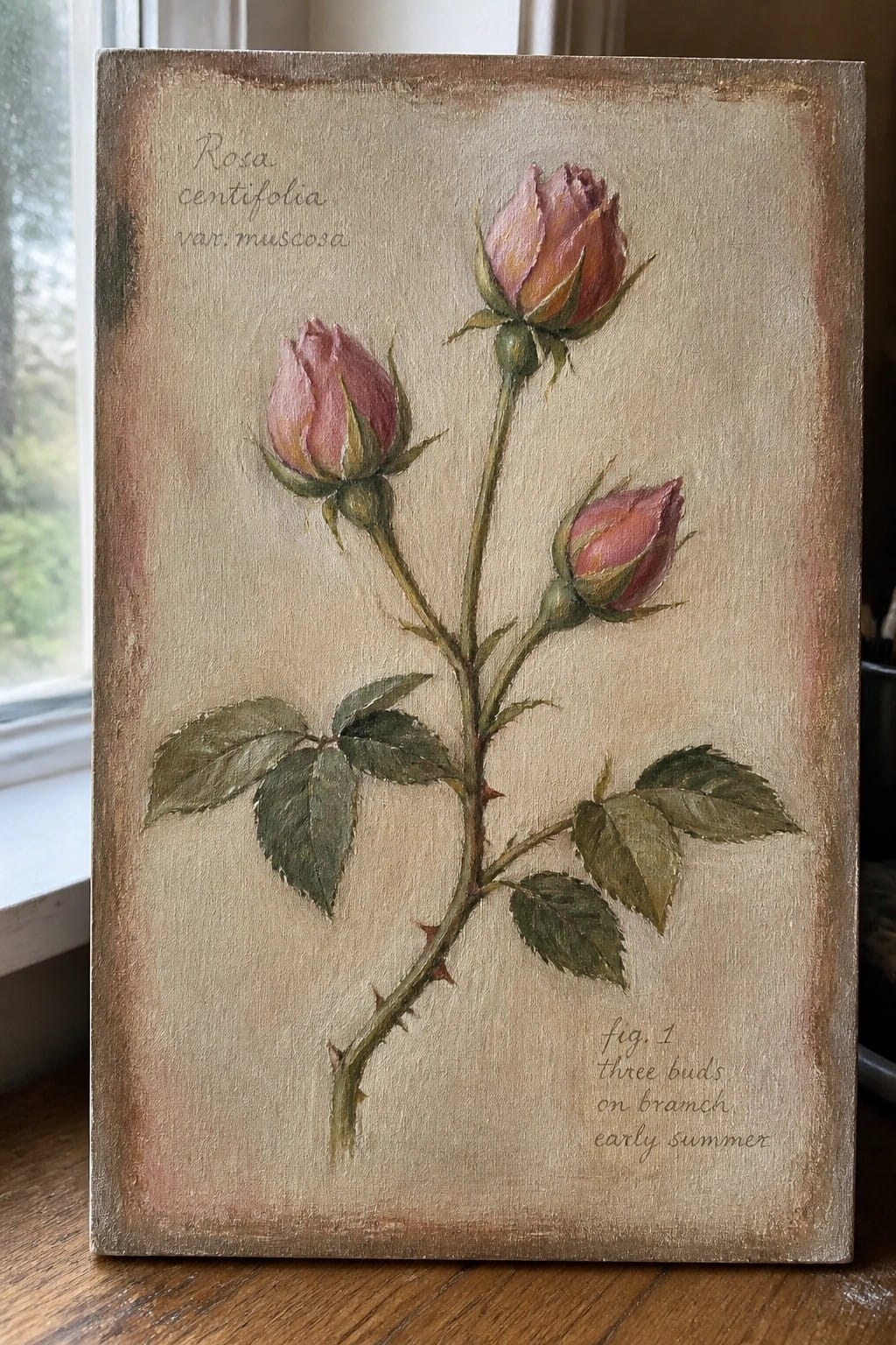 Botanical painting of three pink rose buds on thorny stem with leaves and labels