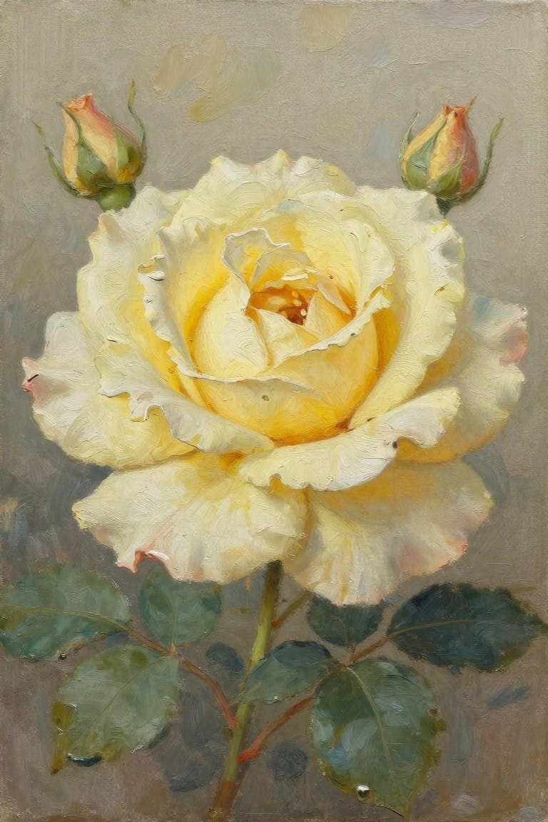 Blooming pale yellow rose with two buds, green leaves, and dewdrops in oil paint.