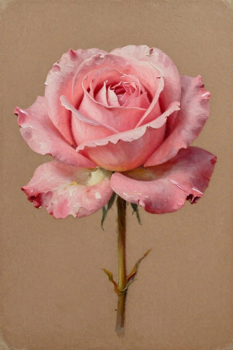 Pink rose with layered petals and dewdrops on a slender green stem against beige background