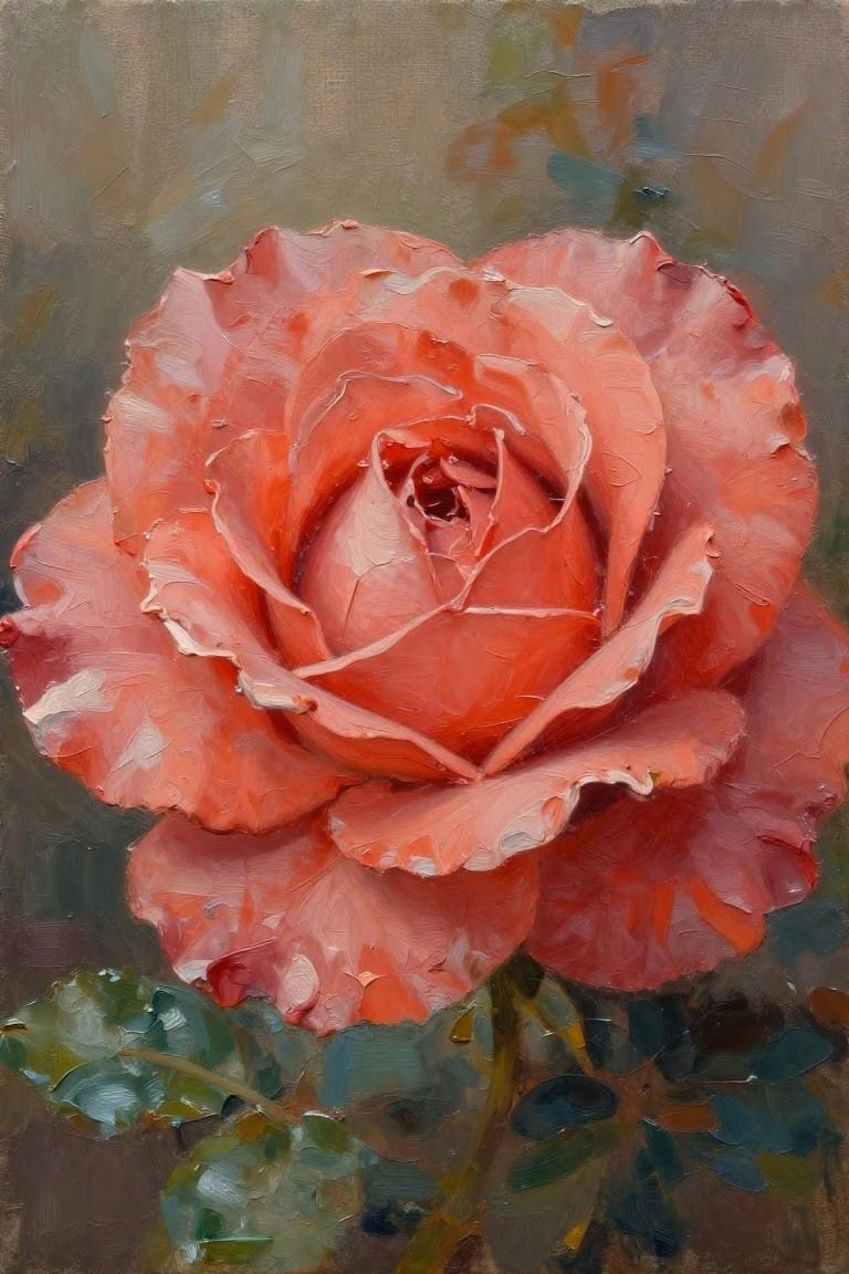 Blooming coral rose with layered petals in thick textured brushstrokes