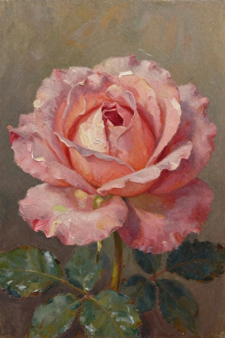 Blooming pink rose with layered petals and green leaves on stem