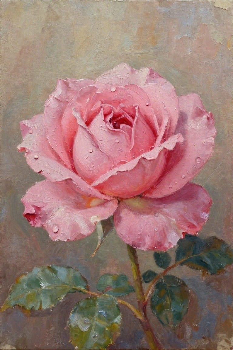 Dewy pink rose with water droplets and green leaves in oil painting style.