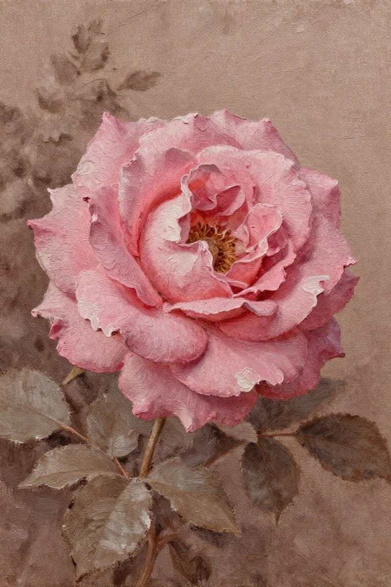 Blooming pink rose with layered petals and leaves against a muted background.