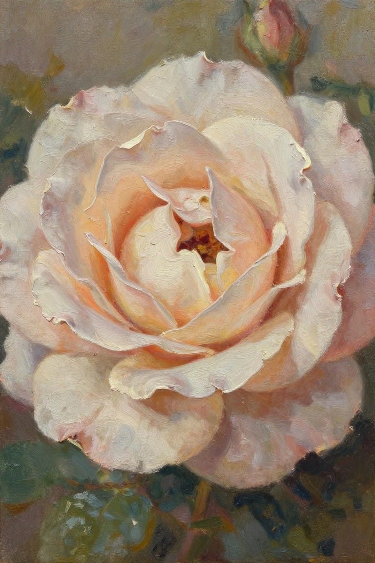 Oil painting of blooming rose with white and peach petals, visible brushstrokes.