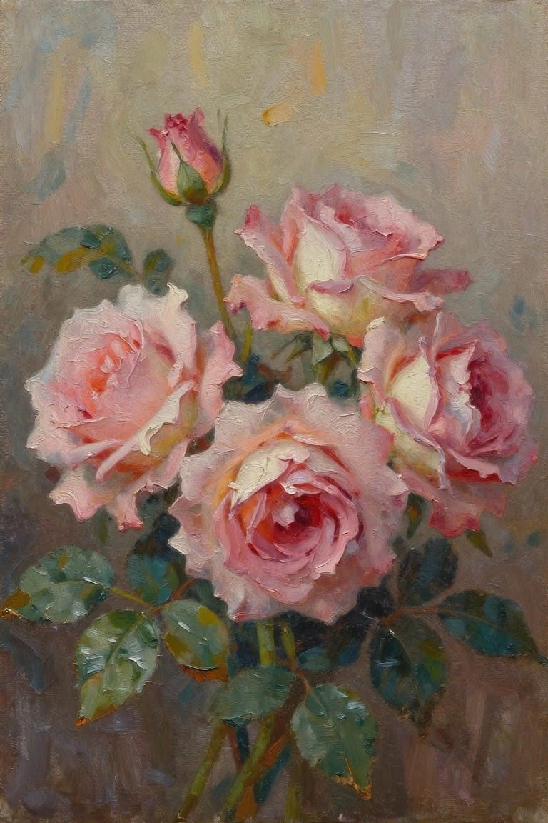 Oil painting of blooming pink roses with green leaves on muted background.