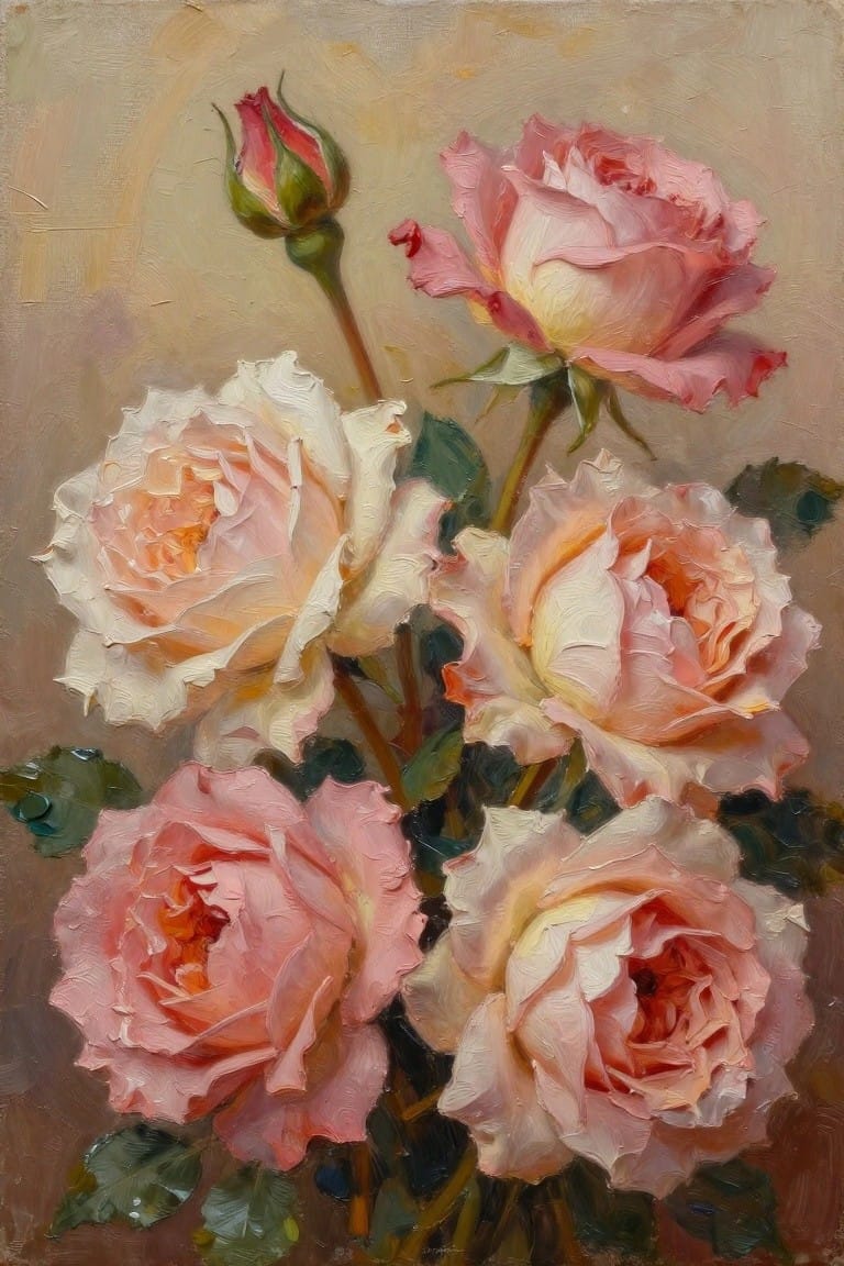 An oil painting of several pink and white roses with one bud and green leaves against a muted beige background.